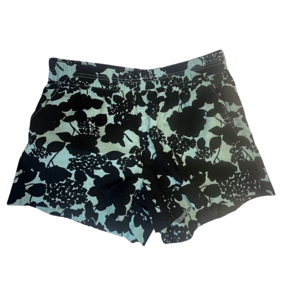 Peace & Pearls Black‎ & Green Foliage Print Pull On Linen Cotton Shorts Sz Large